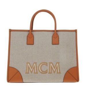 MCM Munchen  Tote- color- Natural/ Cognac-Canvas, Spanish leather Trim- NEW